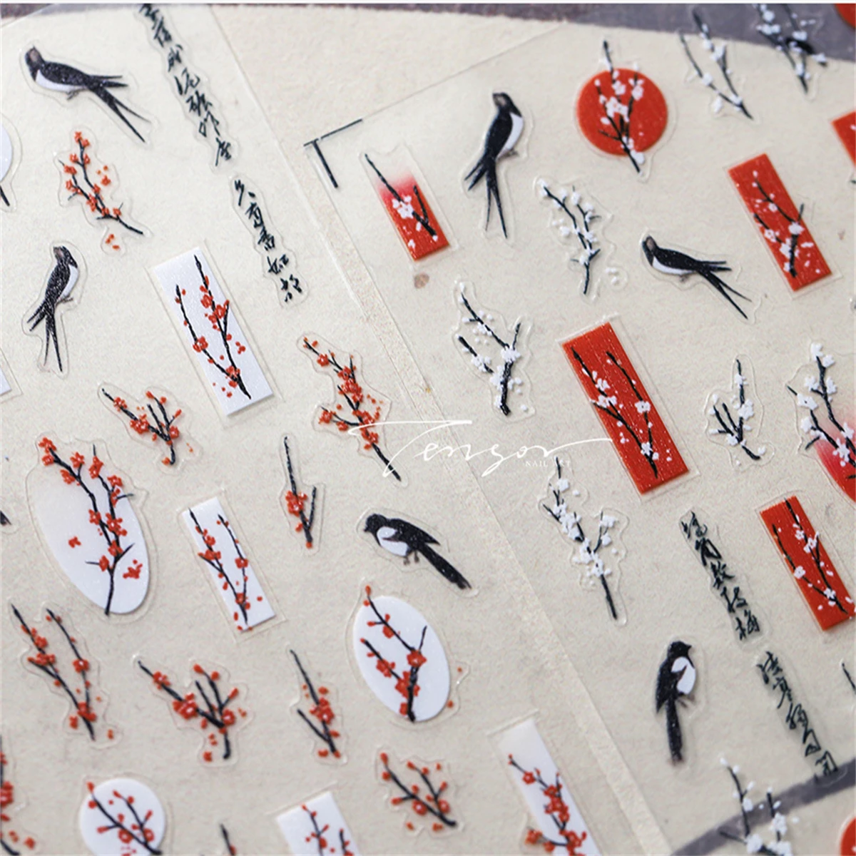 1 stücke chinesische Pflaumen blüte Elster Nail Art Aufkleber Schönheit Tinte Malerei 5d selbst klebende Retro Maniküre Werkzeug Aufkleber Zubehör Image