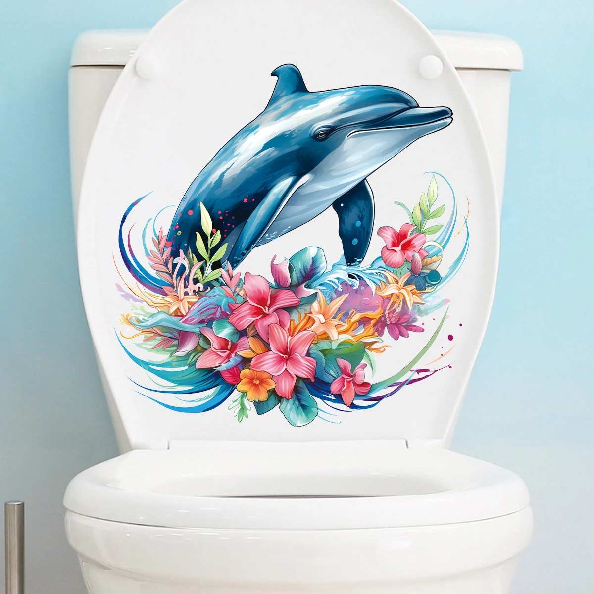 1 Stück Aquarell Blume Delphin Wandaufkleber für Toilette Badezimmer Home Decor Schlafzimmer Wandtattoos Kinderzimmer Wohnzimmer DIY