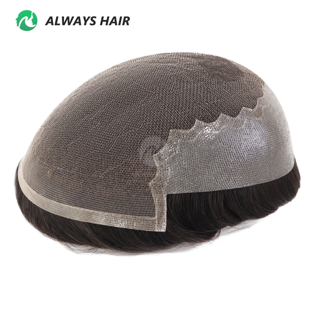 Alwayshair-DUAR Q6 Haarsystem, unsichtbarer Haaransatz, Herren-Toupet, Spitze und PU, natürliche indische Haarprothese, 130 Haarpflaster für Herrenperücke Image