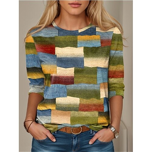 Damen T Shirt Druck Farbblock Geometrie Mode Modern Langarm Rundhalsausschnitt Normale Oberteile Täglich Urlaub Blau Rosa Dunkelgrün Grün Frühling Herbst Image