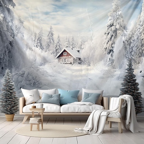 Wandteppich zum Aufhängen, Winterwunderland, Schneewald, Wandkunst, großer Wandteppich, Wanddeko, Fotografie, Hintergrund, Decke, Vorhang, Zuhause, Schlafzimmer, Wohnzimmer, Dekoration Image