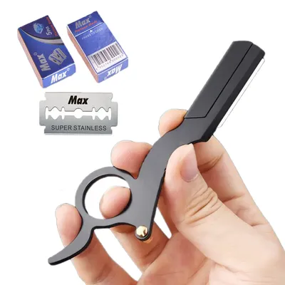 1+10pcs bladStainless Steel Classic Shaving Razor for Thumb Double Edge Haircutting Bald Head Eyebrow Shaping Hairdressing Stand