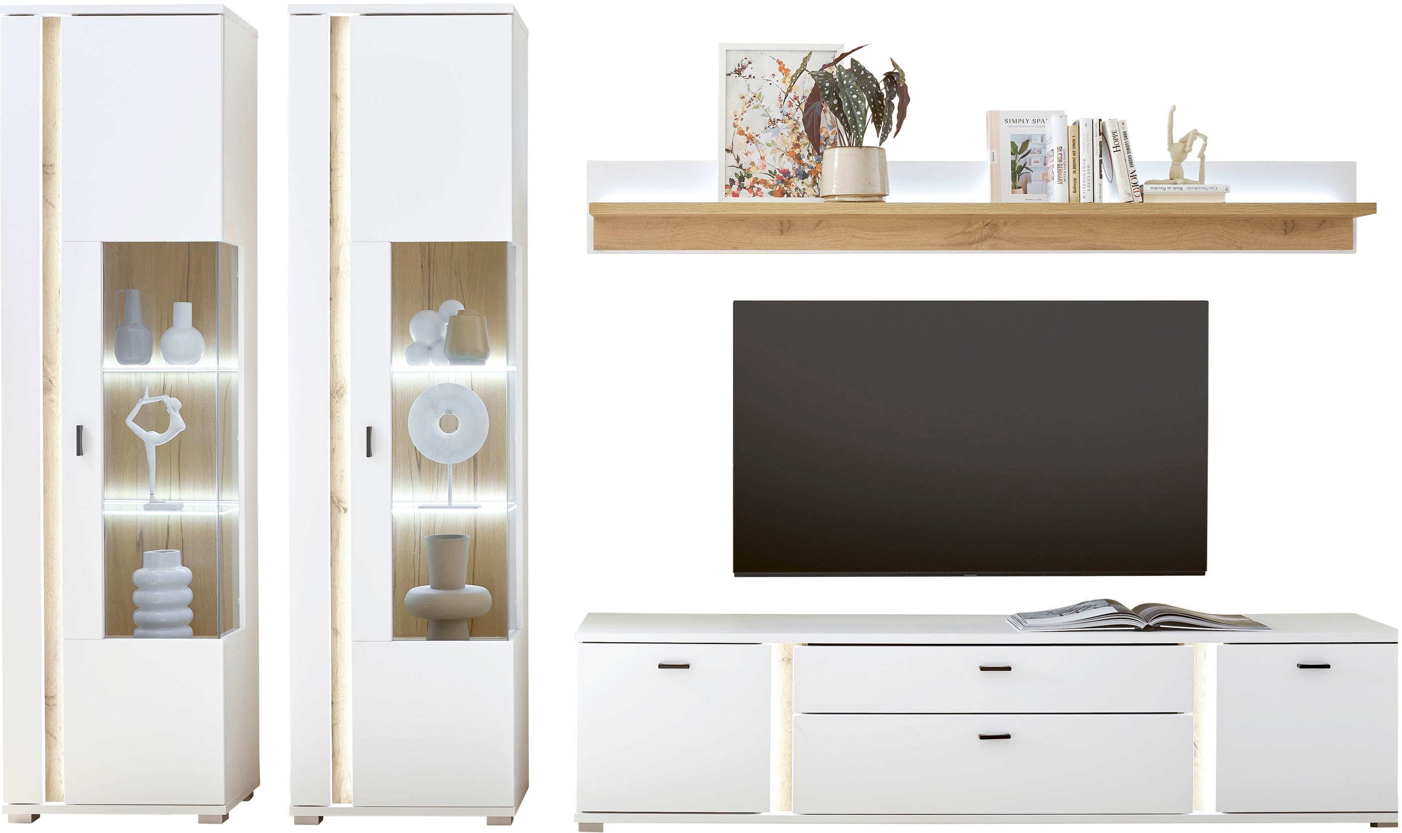 Wohnwand INOSIGN "LONG ISLAND", weiß (weiß, eiche), B:330cm H:200cm T:42cm, Holzwerkstoff, Kastenmöbel-Sets, Wohnwand, in moderner Trendfarbe,inklusive senkrechter Beleuchtung,Breite 330 cm