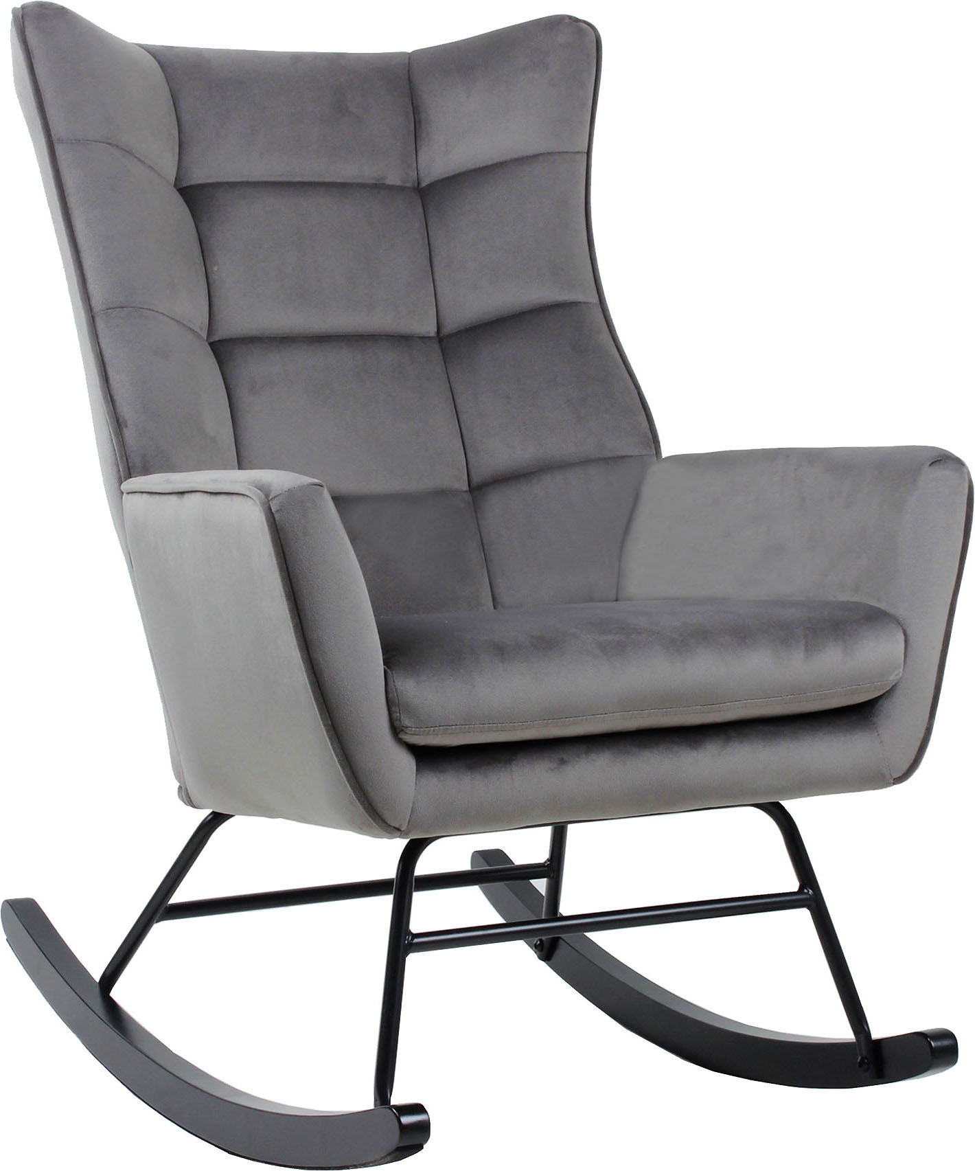 Schaukelstuhl KAYOOM "Bryana 125, Relaxstuhl zum Schaukeln, Metallgestell mit Kufen aus Holz", grau, B:68cm H:97cm T:88cm, Bezug:100% Polyester (Samt) Korpus:Kautschuk-Holz Gestell:Eisen, Stühle, Relaxstuhl zum Schaukeln, Metallgestell mit Kufen aus...