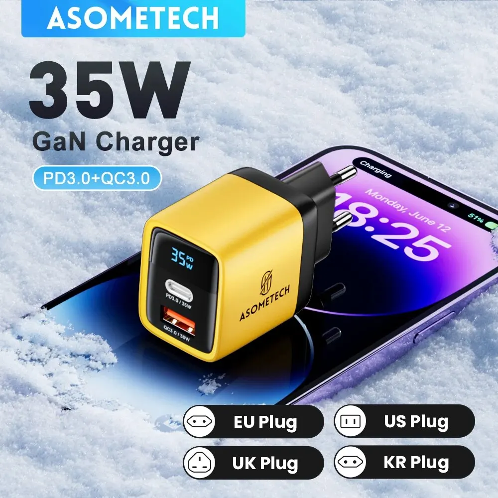 ASOMETECH Caricatore GaN da 35 W Display a LED QC3.0 30 W 25 W PD PPS Caricatore USB tipo C a ricarica rapida per iPhone 14 Pro Samsung S23 Xiaomi
