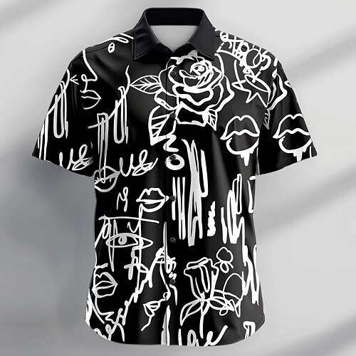 Herren Graffiti Hemd Knopfhemd Kurzarm Brautkleider schlicht Urlaub Täglich Sommer Umlegekragen Hemden mit Kragen Knopf hoch 3D-Druck Schwarz Weiß Image