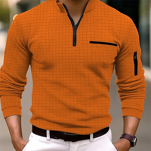 Herren Waffel-Poloshirt Poloshirt mit Viertelreißverschluss Täglich Festtage Viertel Postleitzahl Langarm Modisch Modern Glatt Tasche Frühling Herbst Regular Fit Schwarz Weiß Marineblau Orange Image