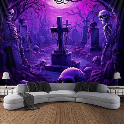 Halloween Skulls Blacklight Tapestry UV Reactive Glow in the Dark Misty Graveyard Hanging Tapestry Wall Art Mural for Living Room Bedroom