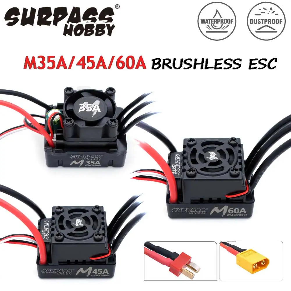 Surpass Hobby Wasserdichter RC ESC M35A/45A/60A Bürstenloser Geschwindigkeitsregler 2-3S für 1/10 1/12 1/14 1/16 RC On-Road Buggy Monster
