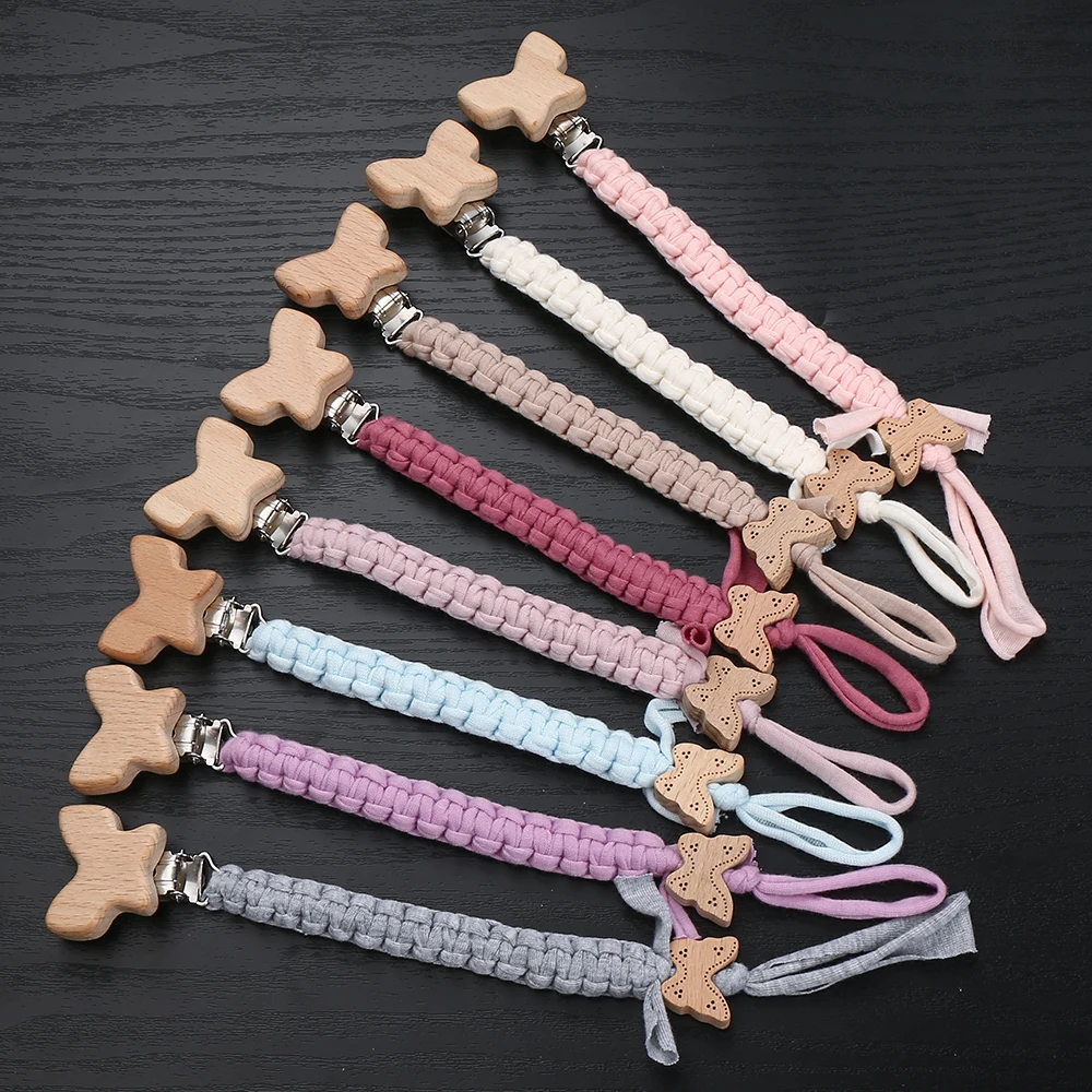 Neue Baby bindung Schnuller Kette Schmetterling Buche Holz Clips Perlen Dummy Halter Kette für Baby Nippel Stillen Kau spielzeug Zubehör Image