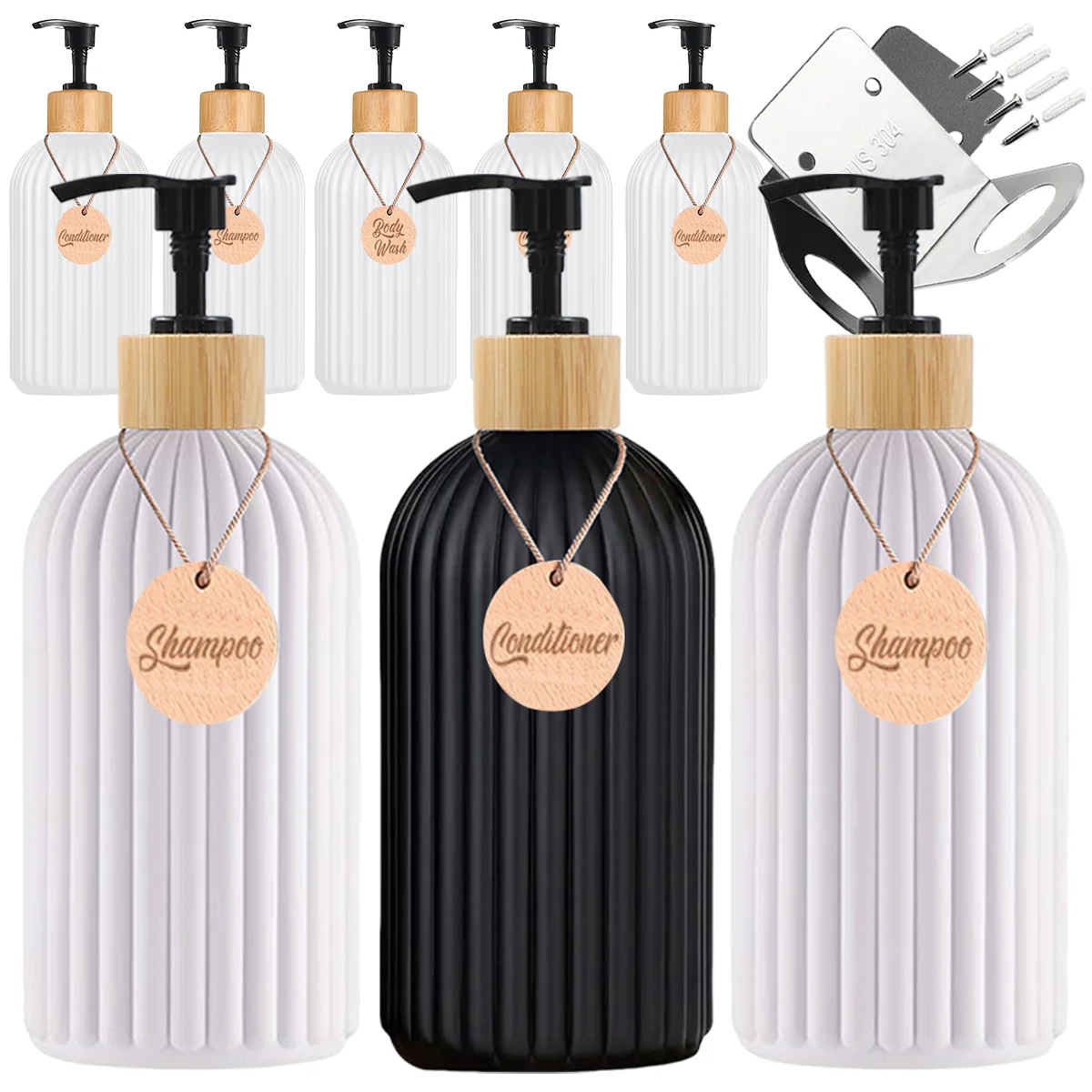 Mattschwarze Seifenspenderflasche für Duschwand, nachfüllbare Shampoo-Conditioner-Karosserieflasche mit Holzanhänger