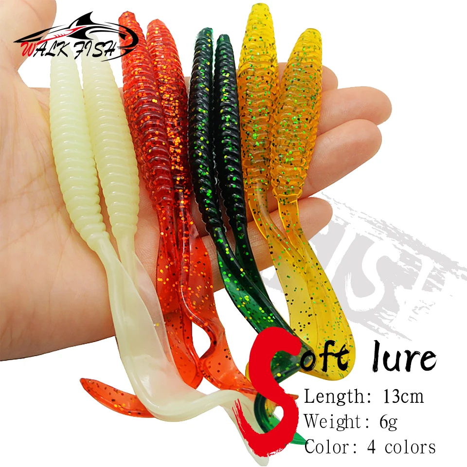 WALK FISH 5 Stück Angelköder mit langem Schwanz, weicher Köder, 13 cm, 6 g, Schraubgewinde, einzelne Sichelschwänze, Wurmgrub, künstliche Köder für Barsch Image