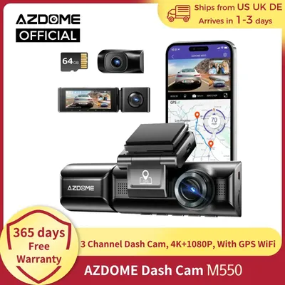 AZDOME Dash Cam M550 4K+1080P Built-in GPS WiFi Car Dash Camera Front Inside Rear 3 Way IR Night