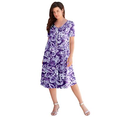 Plus Size Women's Ultrasmooth® V Neck Swing Dress by Roaman's in Midnight Violet Paisley (Size 18/20)