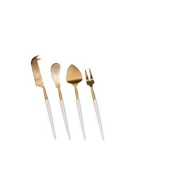 Set of 4 Gold Cheese Set w/ White Resin Handles in Giftbox - Gold & White
