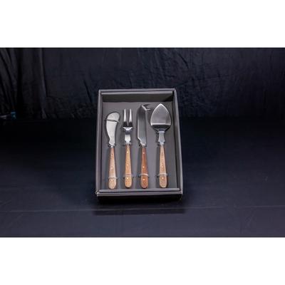 Set of 4 Cheese Set w/ Wood Handles in Giftbox - Silver & Wood