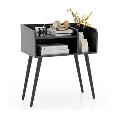 Costway Mid Century Modern Nightstand with Open Shelves-Black