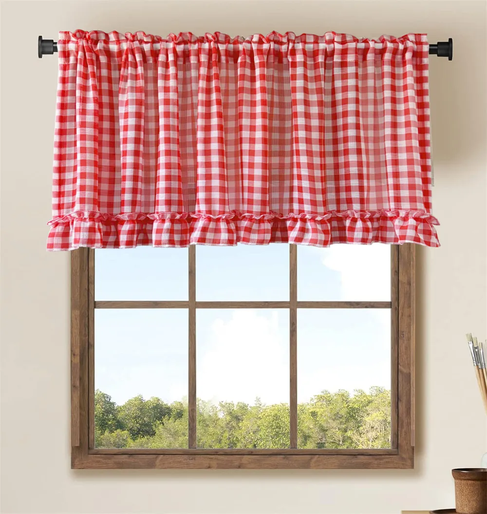 Klassische rote karierte Rüschen kurze Café-Vorhänge für Küche, Schlafzimmer, transparenter Voile-Volant, kleine Fenstervorhänge, Stangentasche Image