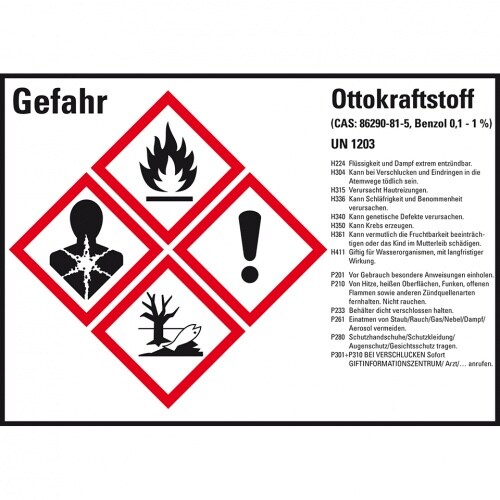 König Werbeanlagen Dreifke® Aufkleber I Gefahrstoffetikett Ottokraftstoff UN 1203, GefStoffV/GHS/CLP, 148x105mm, 4/Bogen Image
