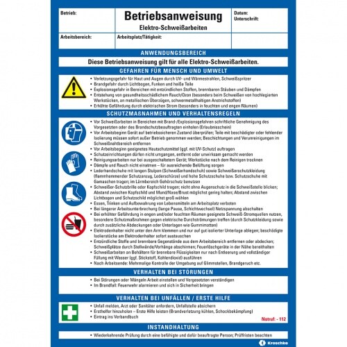 König Werbeanlagen Dreifke® Maschinenbetriebsanweisung Elektro-Schweißarbeiten, Kunststoff, 210x297mm, ASR A1.3, DIN EN ISO 7010 Image