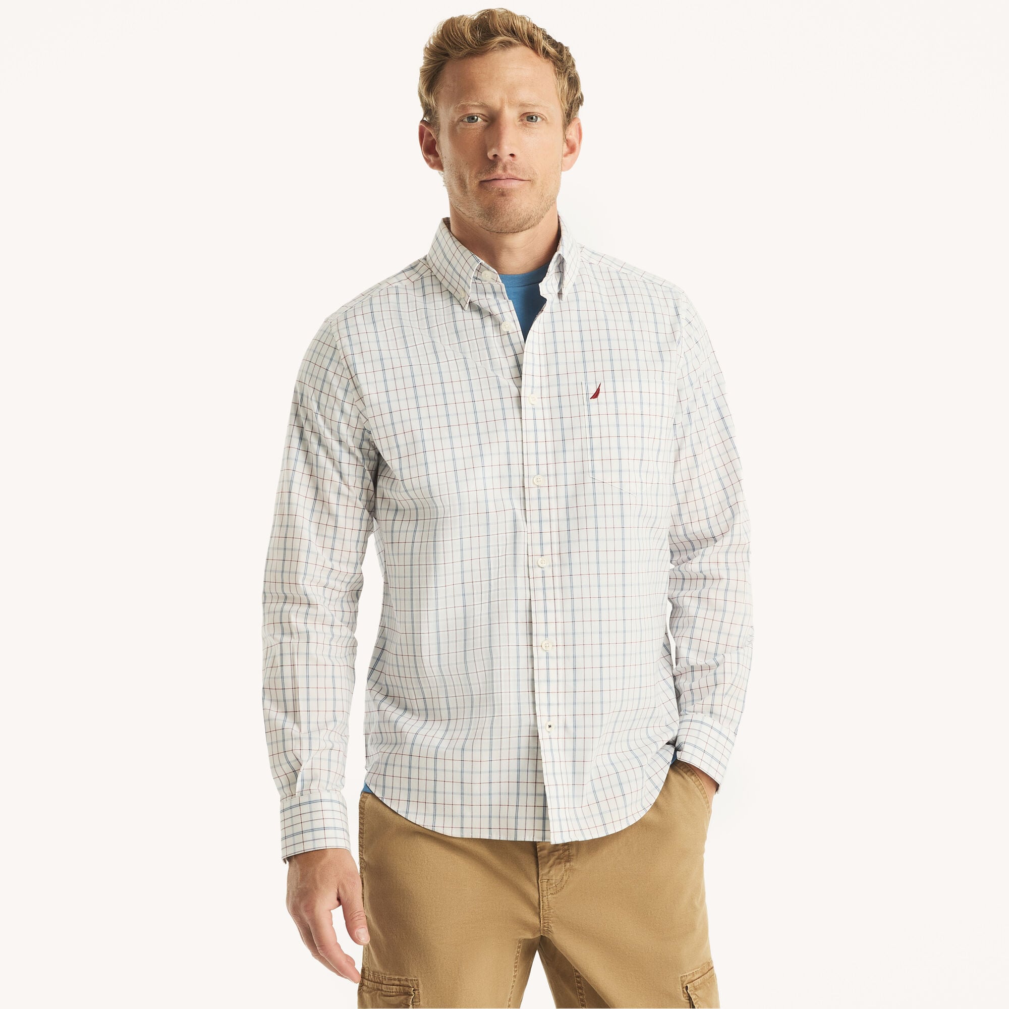 Nautica Men's Classic Fit Wrinkle-Resistant Plaid Shirt 101 (Bright White), S