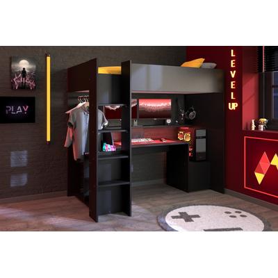 Hochbett HOME AFFAIRE "Meddox, TOPSELLER OTTOs Choice, Gamerbett, LED, Schreibtisch", schwarz (schwarz, schwarz, schwarz), B:116cm H:180cm L:204cm, Hochbetten, Kleiderstange, viel Stauraum, ideal für kleine Räume, ALL-IN-ONE Bett, Topseller