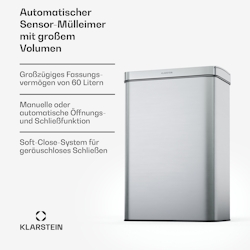 Klarstein Touchless Sensor-Mülleimer 60L Edelstahl Soft-Close Batteriebetrieben LED-Display Timer Edelstahl Image