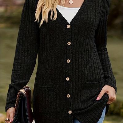 TEMU Plus Size Women's Elegant V-neck Long Sleeve Cardigan - Solid Color Front, Machine Washable Medium Stretch Sweater For Fall Winter Layering, Cardigan Sweater, Layering Piece, Buttonup Front, Image