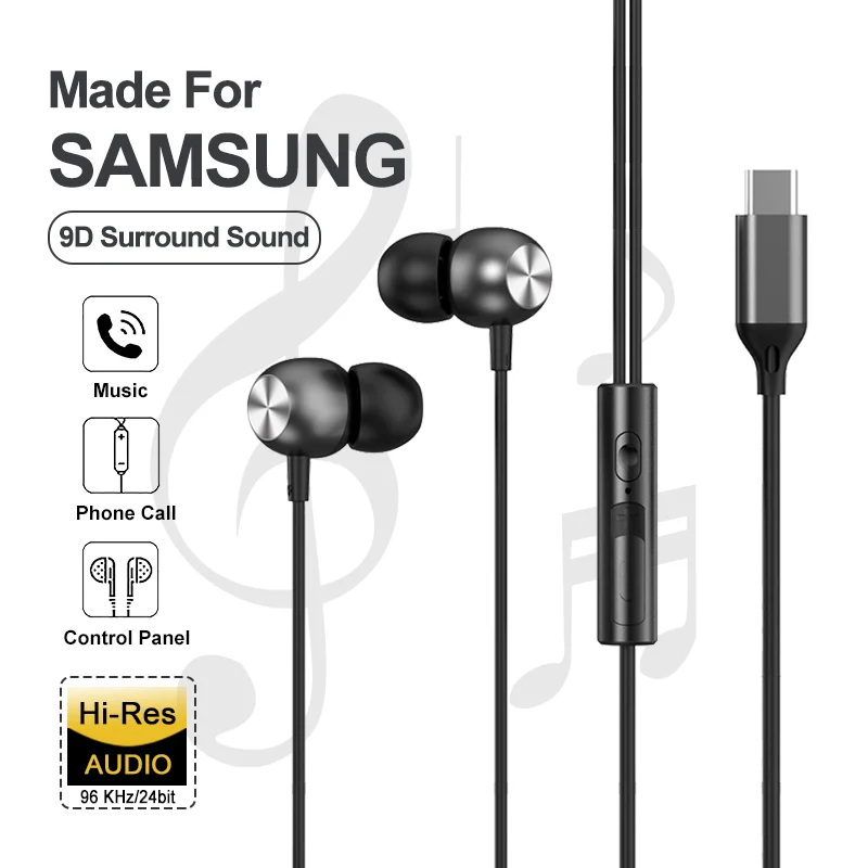 Cuffie USB tipo C Suono surround stereo HiFi Auricolari musicali cablati in-ear da 3,5 mm per Galaxy S24 S23 S22 Ultra iPhone 15 Pro Max
