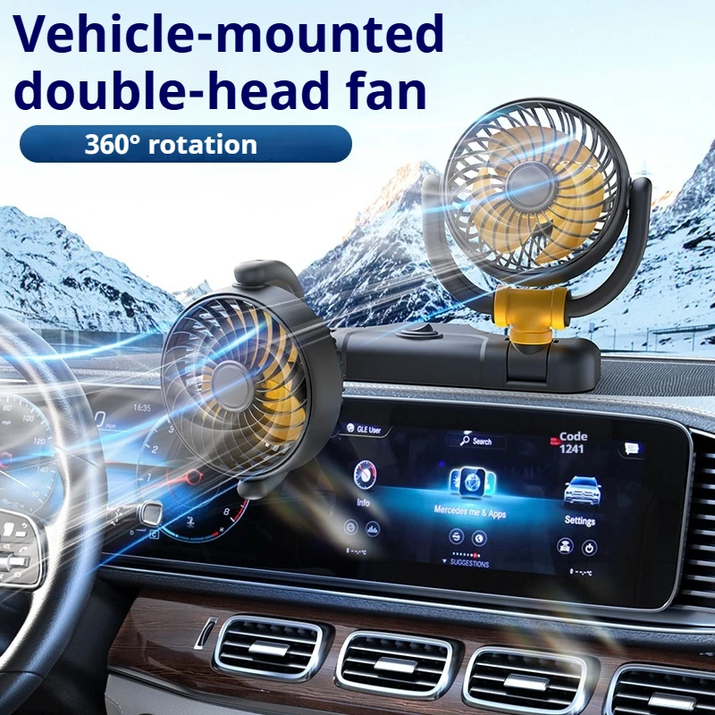 Ventola per auto ventola d'aria a 2 teste regolabile a 360 ° ventola elettrica per autoveicoli ventola USB/12V/24V ventola silenziosa per auto a 2 velocità per ufficio e auto