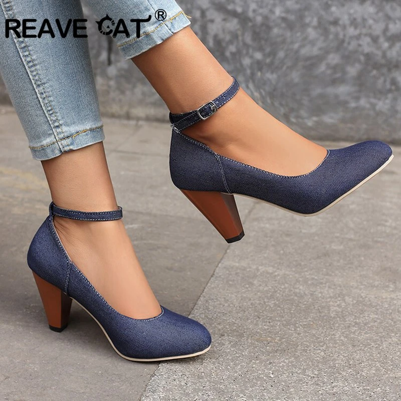 Reave Cat Women Pumps Pointed Toe 7.5cm Spike Heel Fabric Office Ankle Strap Fashion Design Party Big Size 46 47 48