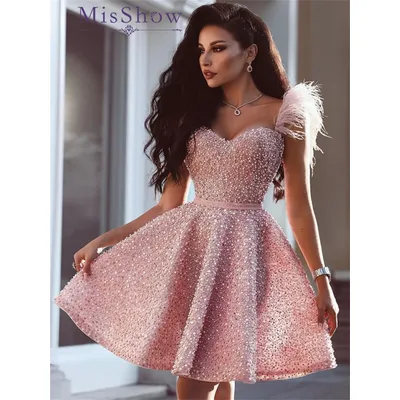 MisShow Luxury Pink Feathers Short Dress for Women Beaded Glitter Midi Female Dresses for Casual Party Homecoming