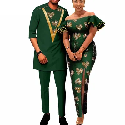 Sale New African Print Dresses for Women Ruffles Sleeve Fit Dresses Matching Couple Outfits Dashiki Men Zipper Shirt Pants Sets