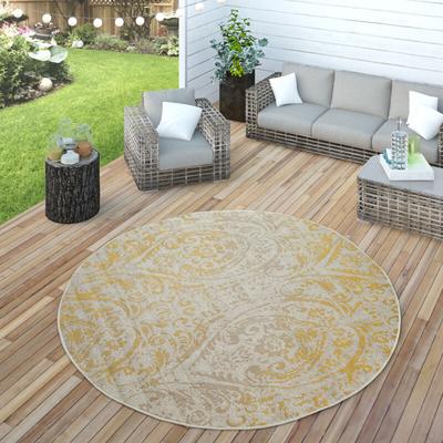 Paco Home - In- & Outdoor Teppich Modern Shabby Chic Stil Terrassen Teppich Gelb ø 200 cm Rund Image