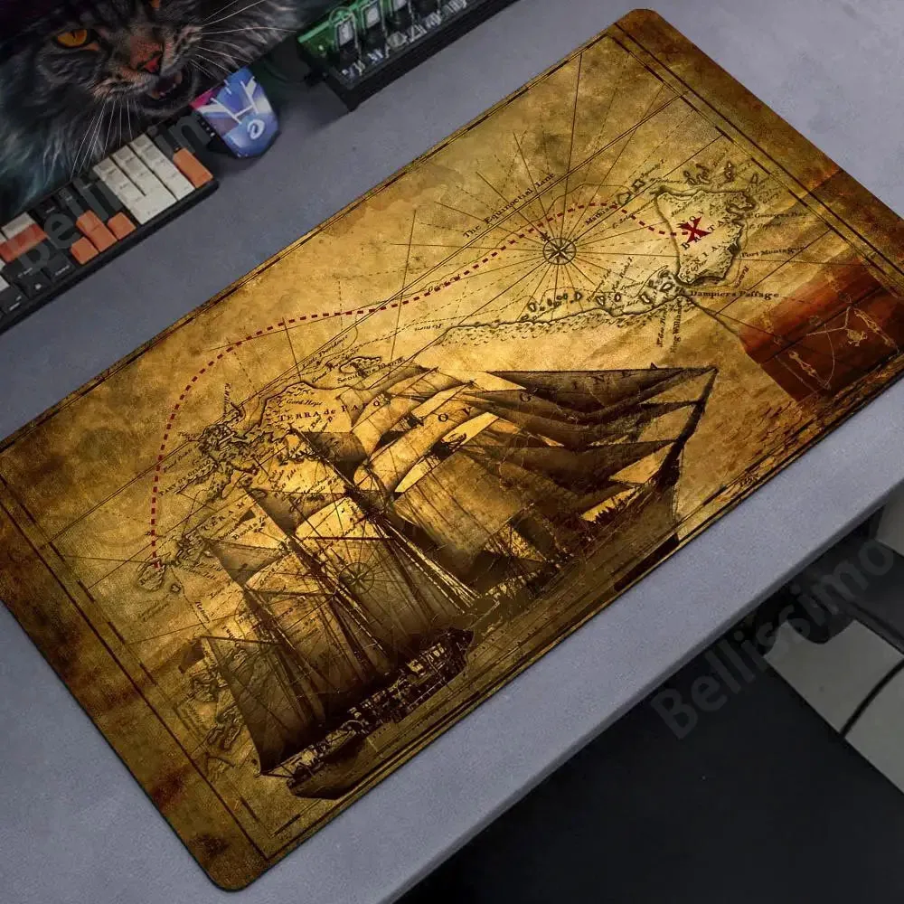Retro Piraten schiff nautische Karte Kunst HD Mauspad xxl 900x400mm Gaming Mauspad große Route Mauspad Natur kautschuk Schreibtisch matte Image