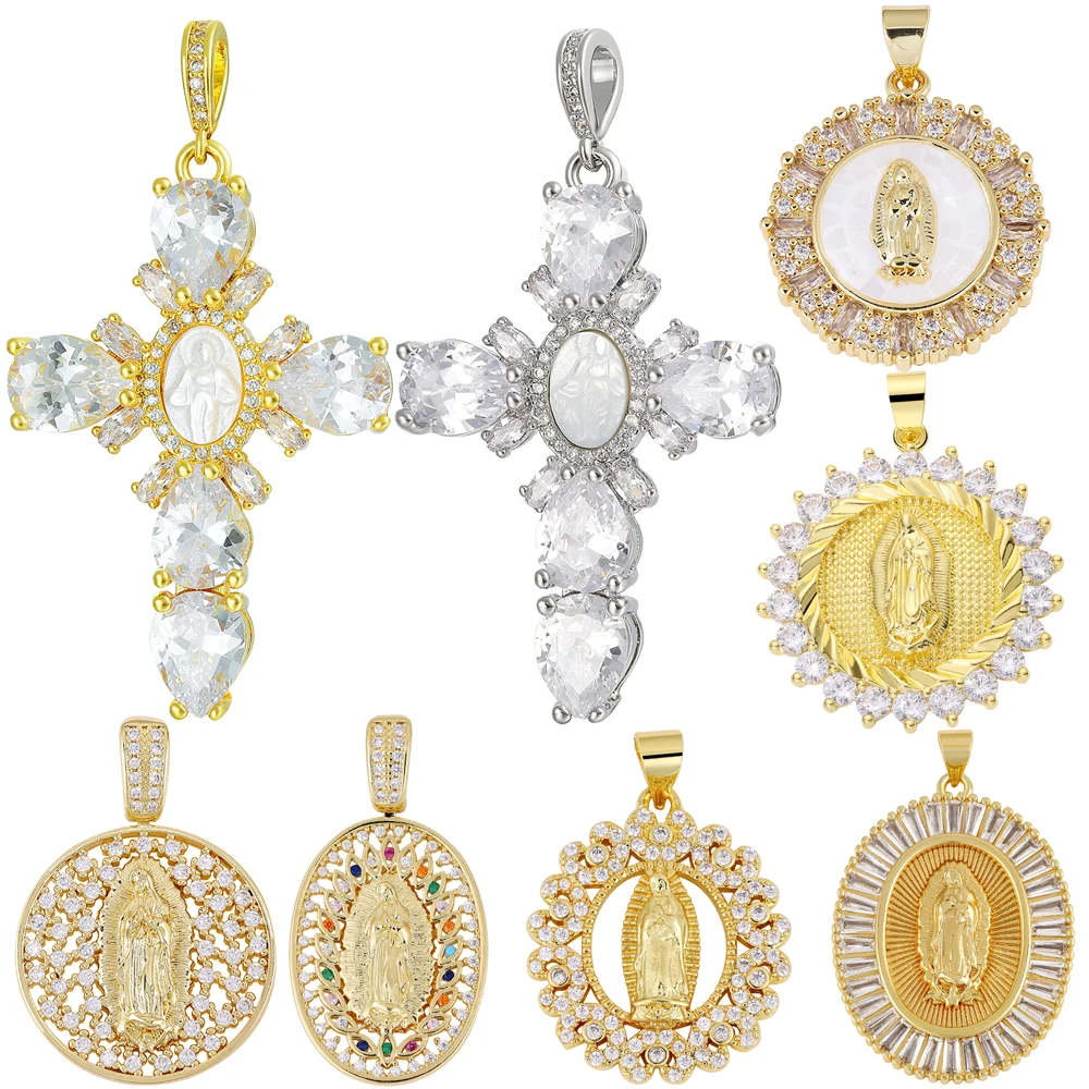 Juya DIY 18K echt vergoldete christliche Kreuz-Anhänger liefert handgefertigte Zirkonia-Perlenmuschel, St. Jungfrau Maria-Charms Image