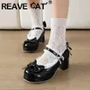 Reave Katze Lolita Pumps Frauen runde Zehen Block Absatz 5cm Plattform 1,5 cm Schnalle Riemen Bowknot Spitze süße Mädchen Schuhe große Größe 48