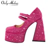 Only maker Frauen Plattform Pumps Mary-Jane Strass klobige High Heels Knöchel riemen Kleid Party Punk Schuhe