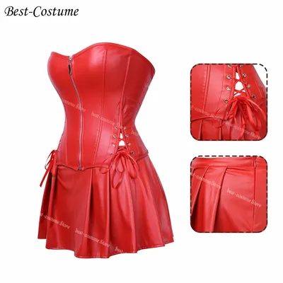 Damen Leder Rotes Korsett mit Rock Gothic Kunstleder Coole Mädchenkleidung Schnürkorsett Kleider Image