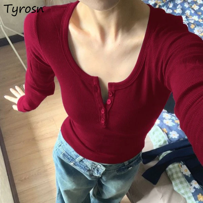 T-shirts Frauen Streetwear Solide Alle-spiel Schlank Koreanischen Stil Kleidung Süße Sexy Mädchen Herbst Langarm Top Trendy Chic t-shirt Image
