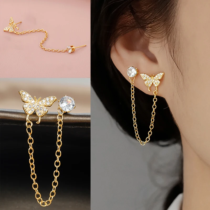 1pc Mode Edelstahl Schmetterling Ohr stecker für Frauen Doppel Ohr stecker Glieder kette Quaste Piercing Ohrring 18 Karat vergoldet Image