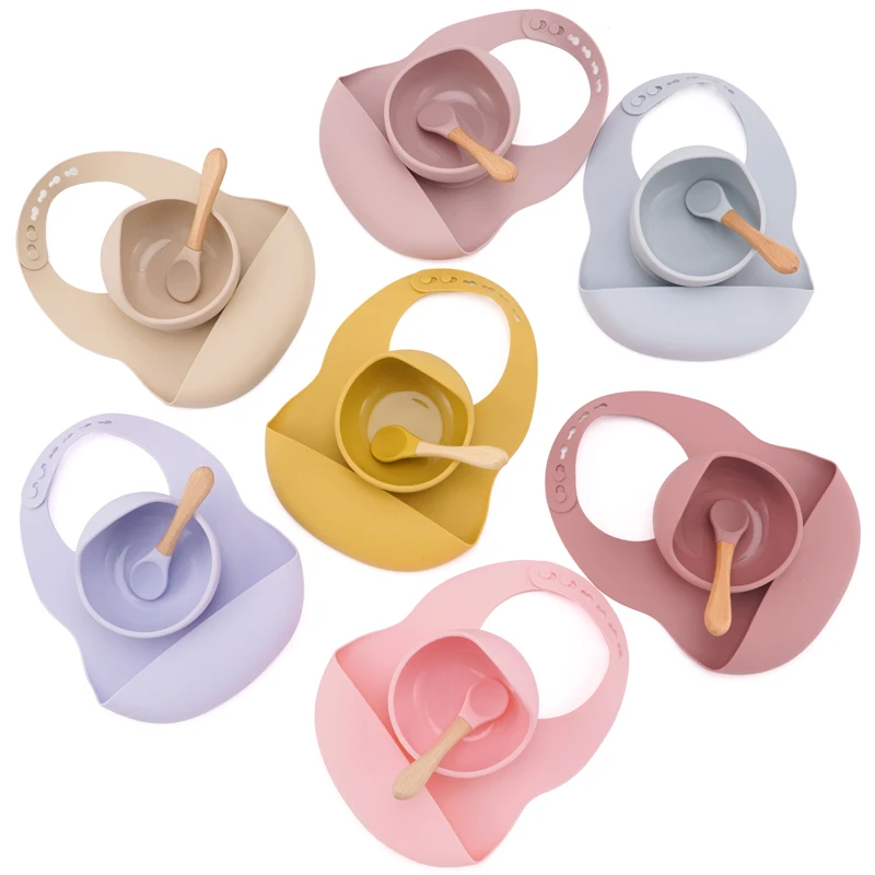 Kinder Geschirr Soild Food Training Wasserdichte Baby Lätzchen Infant Sucker Fütterung Schüssel Und Holzgriff Löffel Set Baby Zeug
