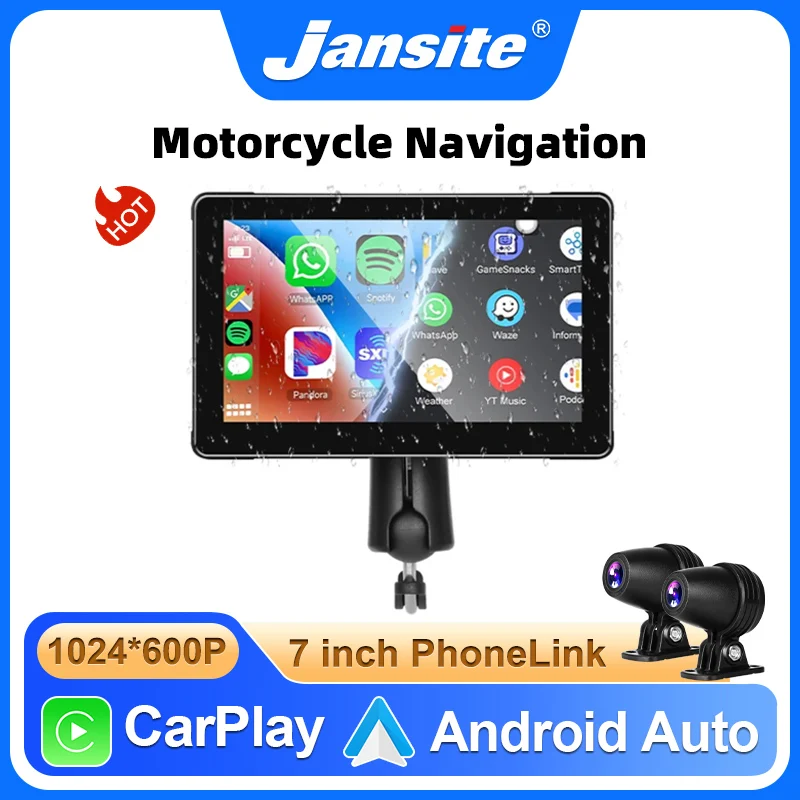 Jansite 7 Zoll Dual Bluetooth Motorrad tragbare drahtlose Carplay Android Auto Touchscreen GPS Navigation Siri Voice wasserdicht Image