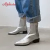 Aphixta winter warme moderne Stiefel Lack leder Damen Stiefeletten 3,5 cm quadratische Absätze Silber Dame Schuhe Schuhe Größe 44