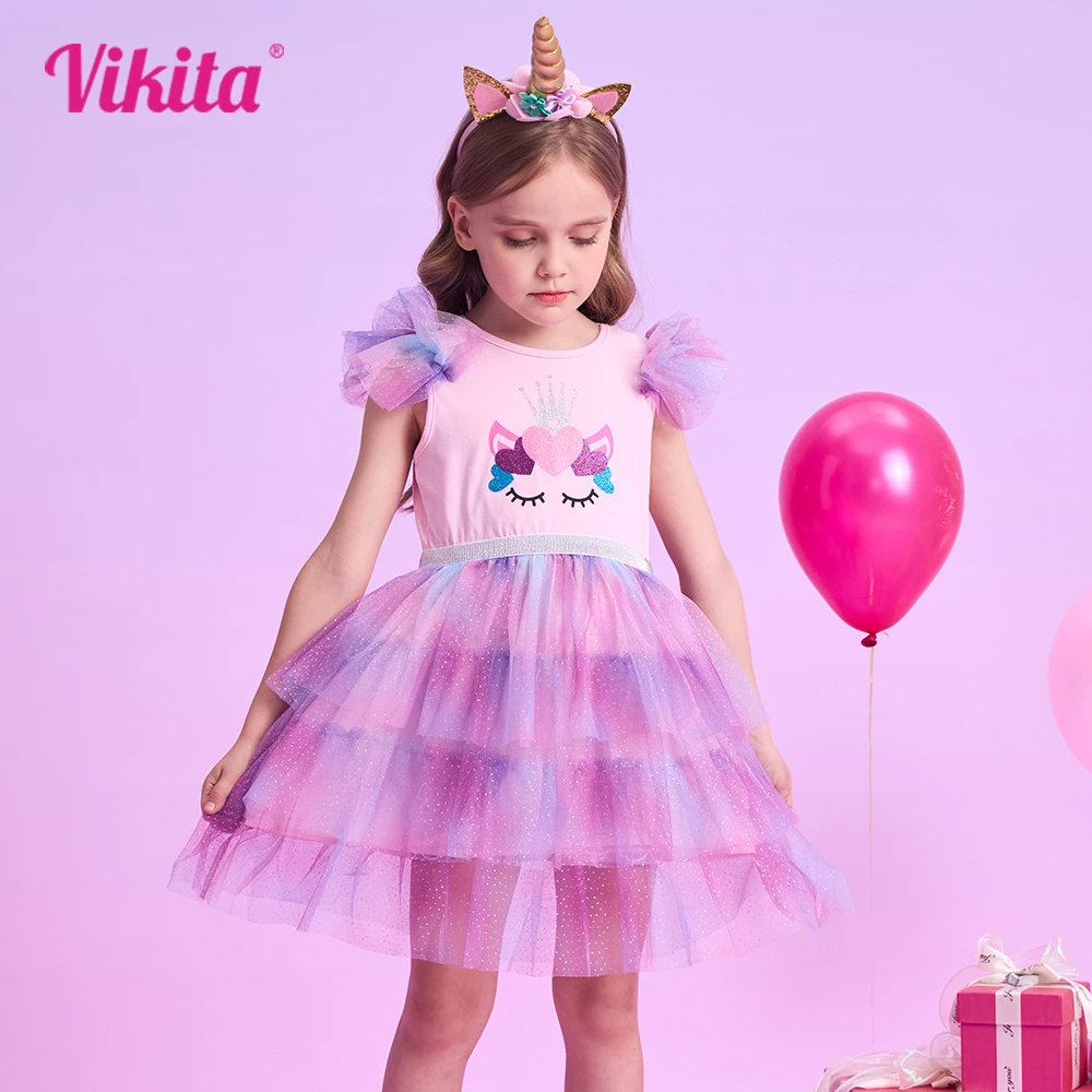 VIKITA Mädchen Einhorn Druck Cartoon Kleid Kinder Sommer Flare Hülse Kleider Mädchen Layered Mesh Tüll Tutu Party Kleid Kinder Kleidung Image