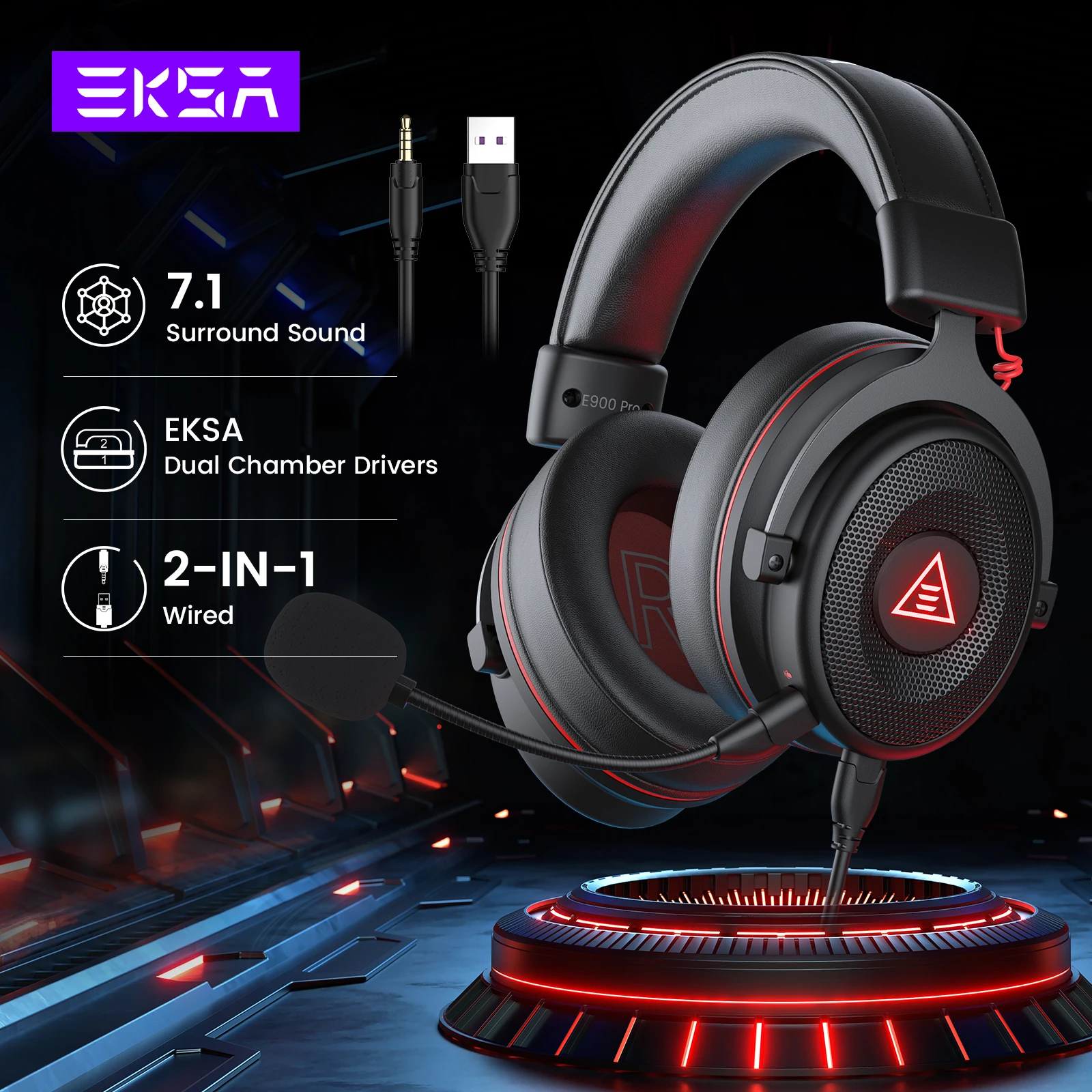 Eksa pc gaming kopfhörer over-ear, e900 pro 7,1 surround kabel gebundener headset gamer, mit abnehmbarem geräusch unterdrückung mikrofon, für ps5/xbox