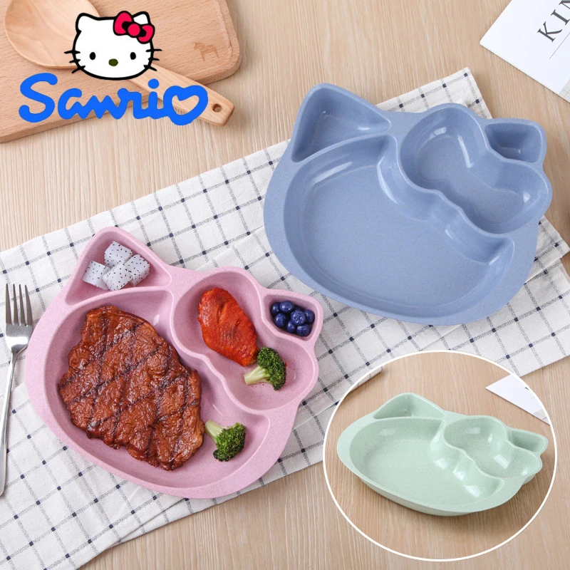 Sanrio Hallo Kitty Teller Cartoon Kinder getrennt Geschirr Haushalt Anti-Fall Weizen Stroh Teller Baby Kinder Geschirr