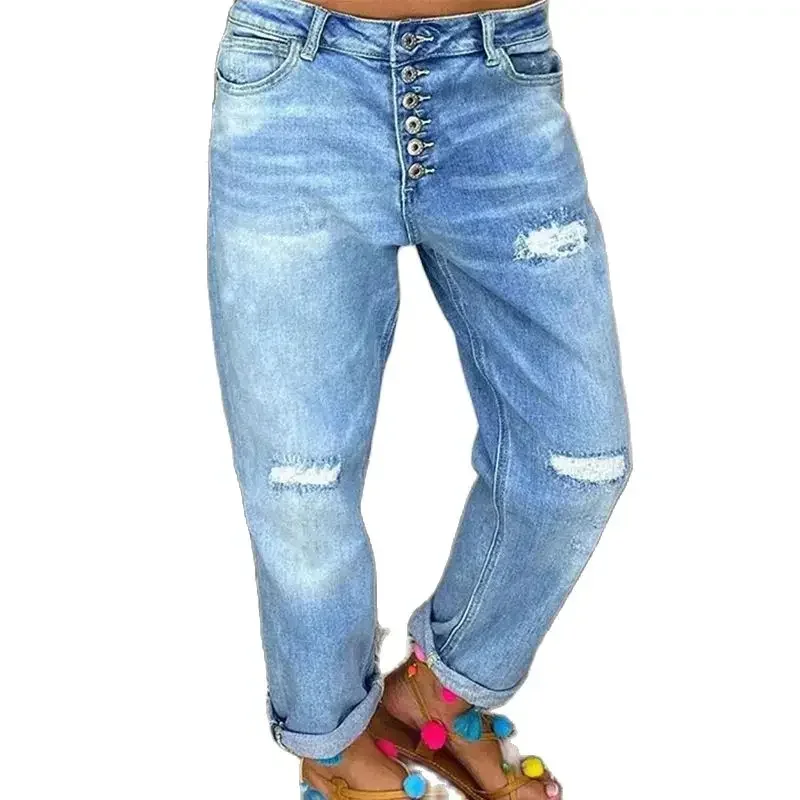 Mode Frauen Gebrochene Löcher Gerade Jeans einreiher Spleißen Denim Hosen Weibliche Waschbar Hosen Täglichen Casual Streetwear Image