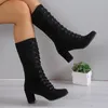 Winter Frauen Stiefel Schuhe Mode Vintage Lace-up Stiefel Frauen Runde Cowboy High Heels Booties Schuhe Frau Botas Mujer