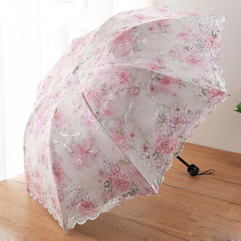 Mode Vintage bestickte Spitze faltbare Prinzessin Regenschirm Sommer Outdoor tragbare UV-Schutz Sonnenschirm sonnigen Regenschirm Image